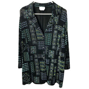 The Travel Collection Slinky Button Up Blouse Sz 1X Mixed Pattern Sheer Stretch